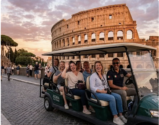 Full Day Private Rome Highlights Golf Cart Tour with Food and Wine